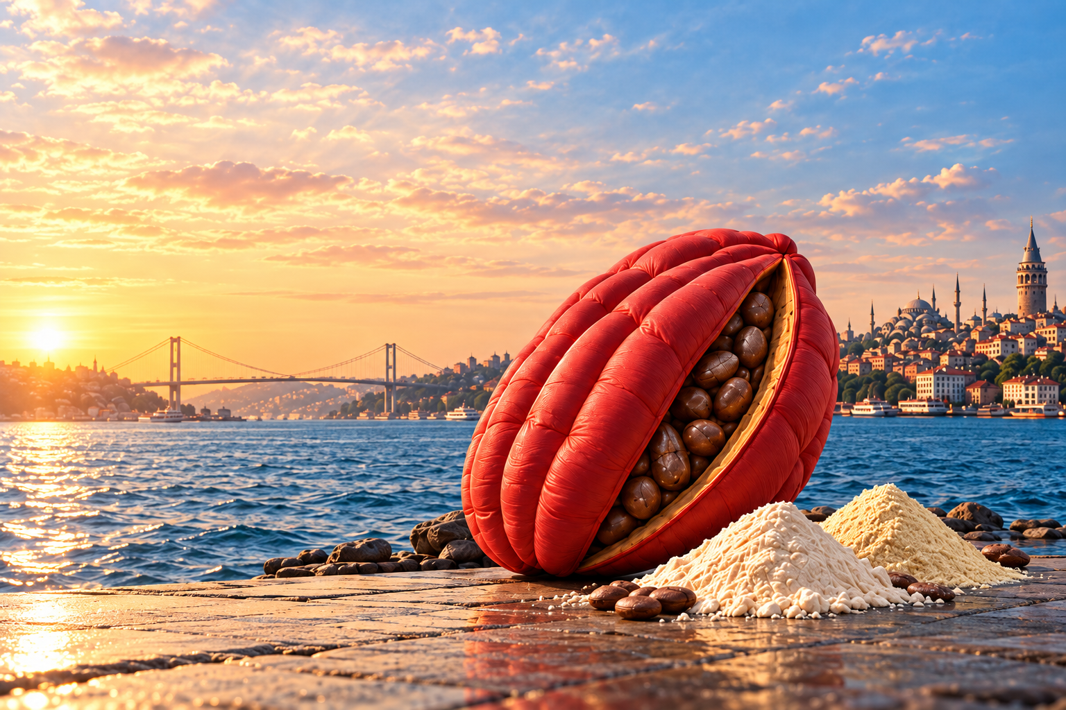 Cocoa and raw materials overlooking the Istanbul Bosphorus
